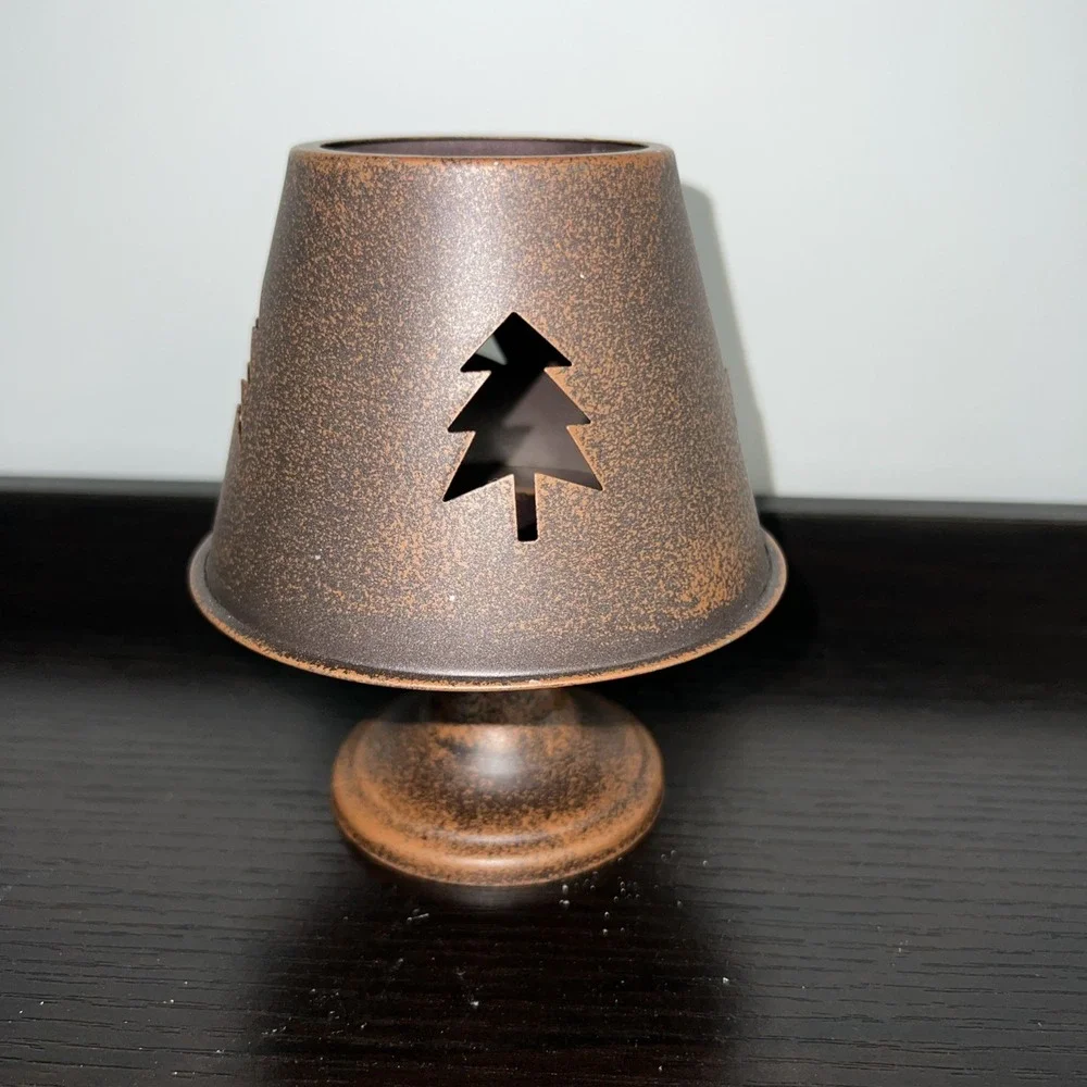 Small Lamplike Candle Holder Antique Copper Like Metal Snowflake Pattern